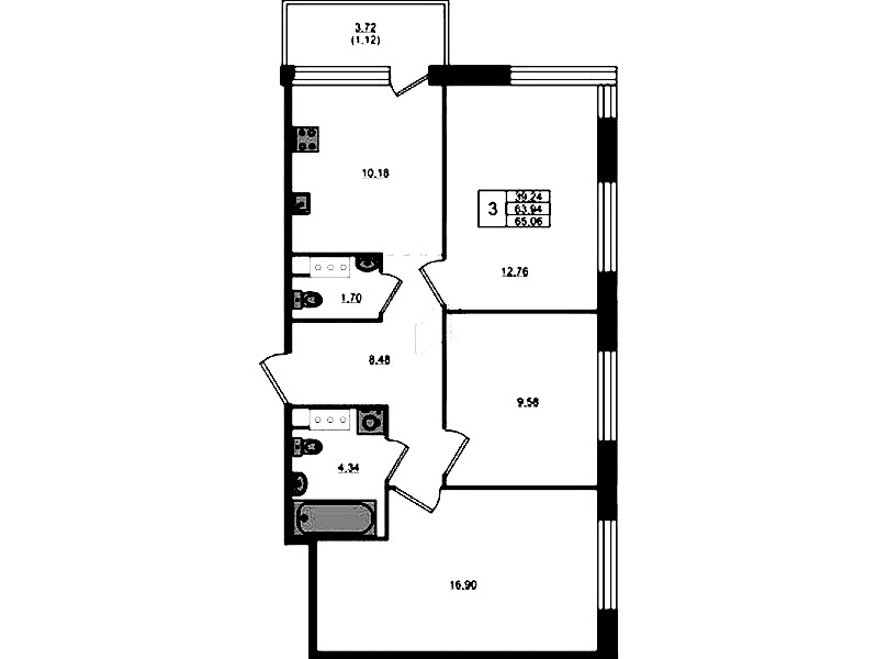 3-комнатная квартира 63.94 м², 4/5 эт., ЖК «Plus Пулковский»